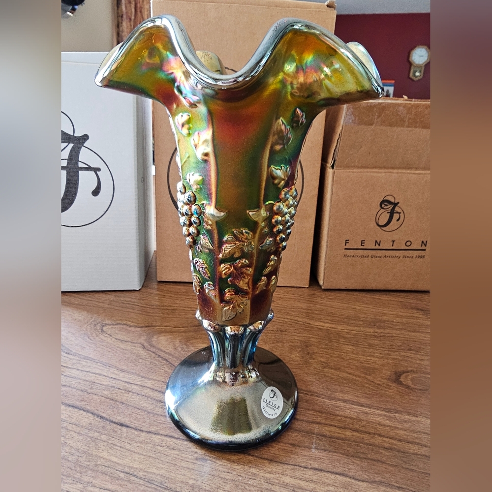 Vintage Rare Fenton Marigold Iridescent Carnival Glass Vase with Grapevine Motif